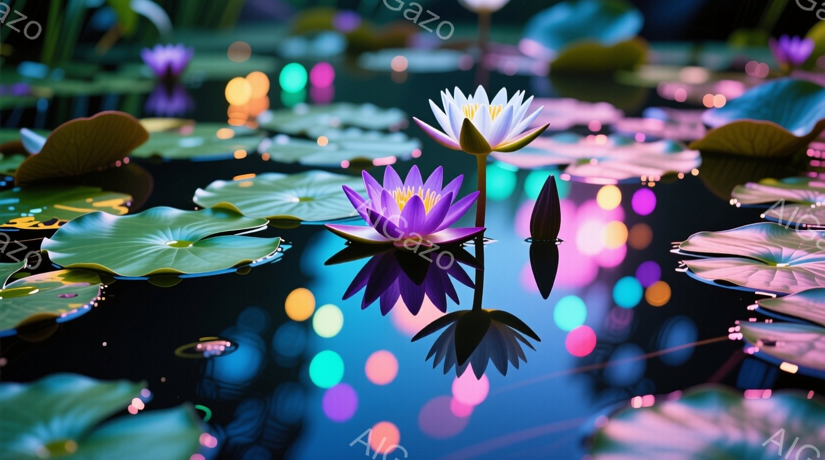 鮮やかな蓮の花が水面に浮かび、その周りには緑色の睡蓮の葉が広がっています。水面には虹色の光が反射し、幻想的な雰囲気を醸し出しています。夜間の水辺を思わせるこの光景は、神秘的で美しい印象を与えます。