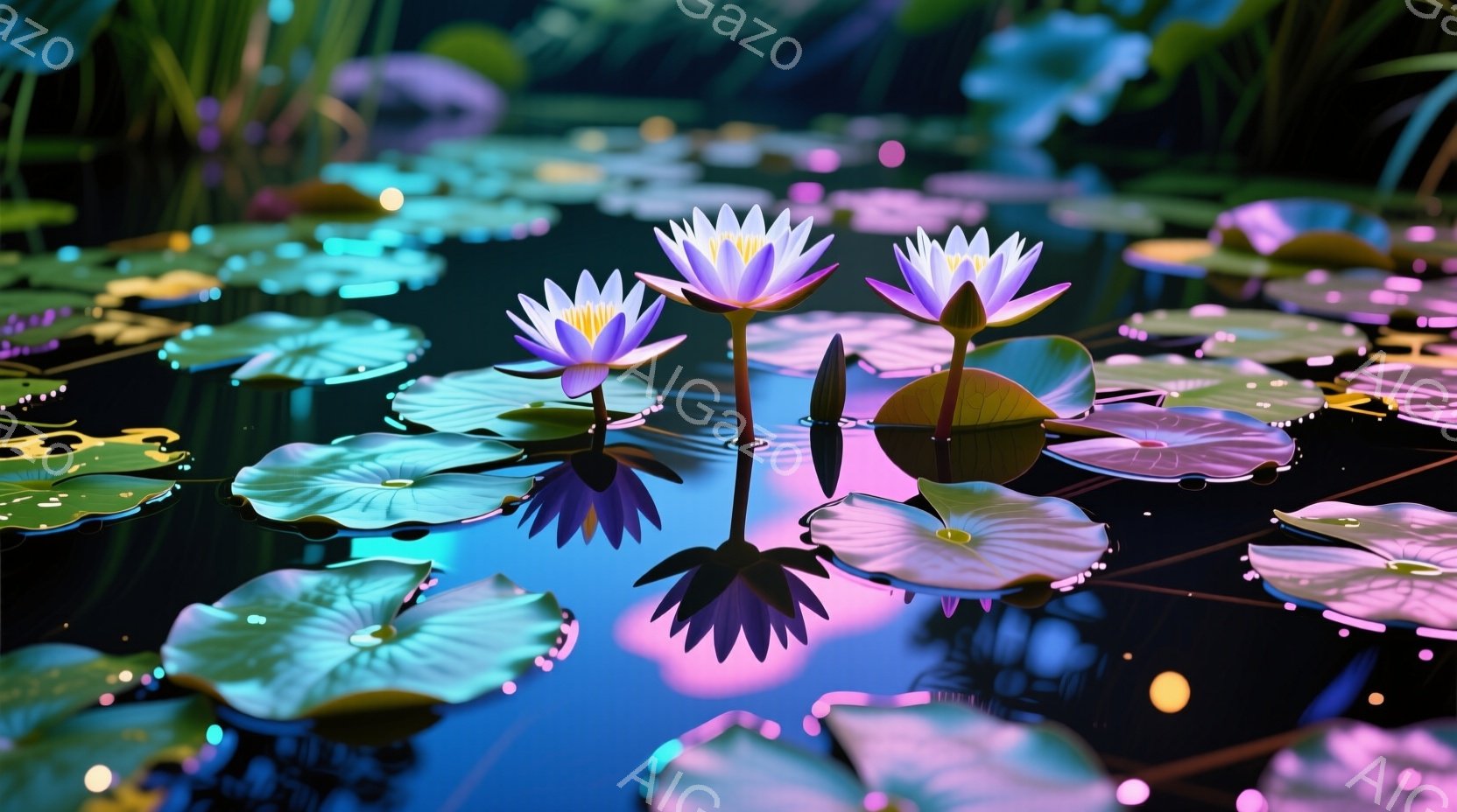 深い夜色の水面に、鮮やかなピンクと紫の睡蓮が咲き誇っている。水面には花と周囲の光が鮮やかに反射し、幻想的な雰囲気を醸し出している。周囲には緑の睡蓮の葉が浮かび、水中にぼんやりとした光の玉が漂い、まるで夢の中にいるような光景である。