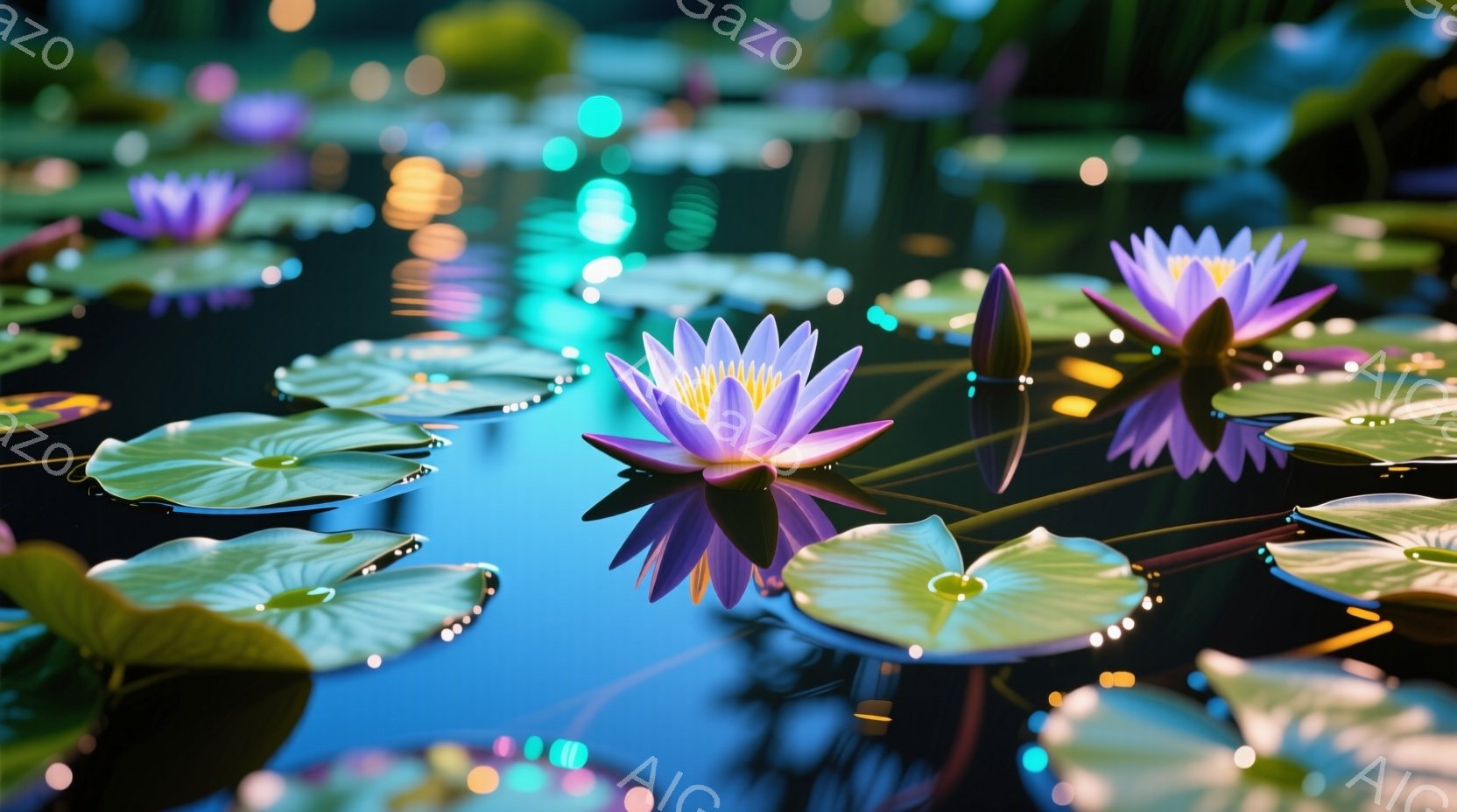 鮮やかな紫色の睡蓮が水面に浮かび、緑色の睡蓮の葉が周囲を彩っています。水面には光が反射し、幻想的な雰囲気を醸し出しており、ぼやけた背景には植物の緑が見られます。静かで穏やかな水辺の情景が印象的です。 - AI生成フリー素材