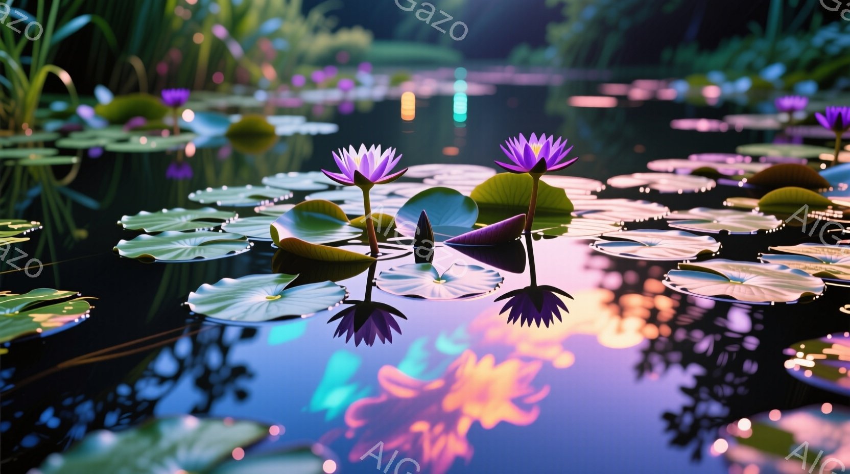 鮮やかな紫色の睡蓮が水面に浮かび、その周りには緑色の睡蓮の葉が広がっています。水面には、紫、ピンク、黄色のぼんやりとした光が反射し、幻想的な雰囲気を醸し出しています。背景は暗く、水辺の植物が生い茂り、夜の静寂と自然の美しさを感じさせます。