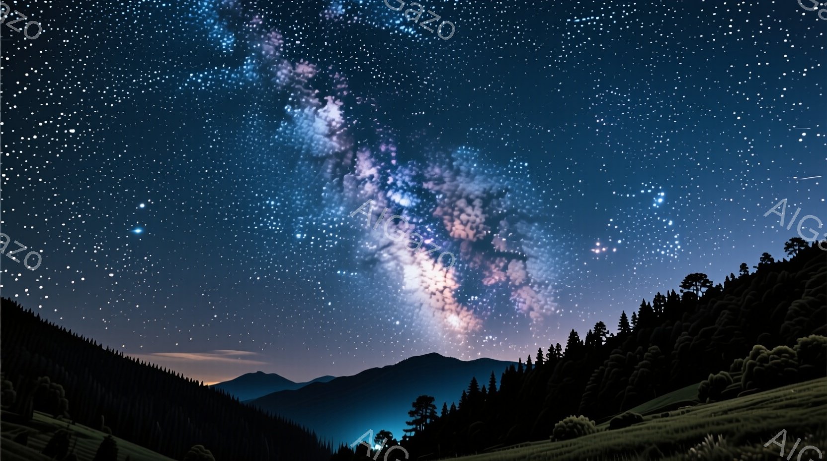 夜空には天の川が壮大に広がり、その光が暗い山並みを照らしている。前景にはシルエットで描かれた森林が広がり、数本の木には淡い光が当たっているように見える。全体的に静寂で神秘的な雰囲気が漂い、自然の力強さ - AI生成フリー素材