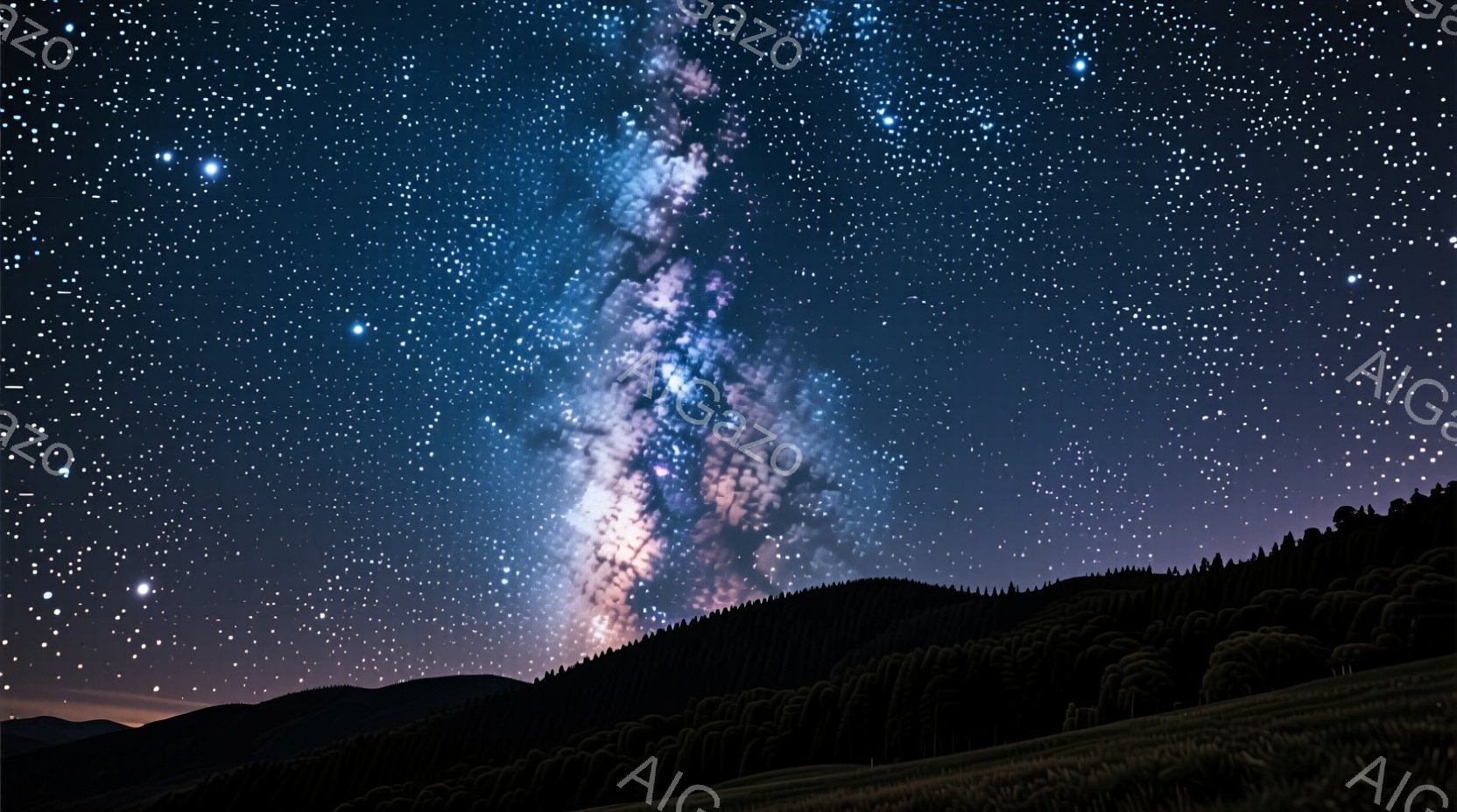 夜空には天の川が鮮やかに広がり、無数の星が輝いている。地平線には暗いシルエットの山並みが連なり、静寂と壮大さを感じさせる。空と山のコントラストが、神秘的で畏敬の念を抱かせる光景を作り出している。