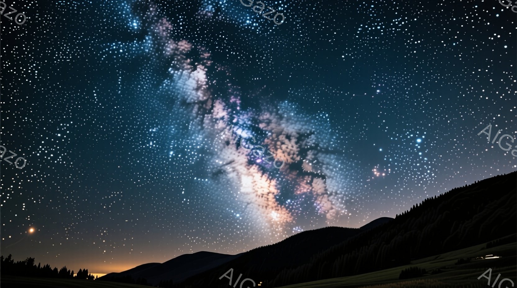 夜空には天の川が壮大に広がっており、無数の星が輝いている。地平線にはシルエット状の山並みが連なり、その麓にはわずかな灯りが点在している。全体的に静寂で神秘的な雰囲気が漂い、自然の雄大さと宇宙の神秘を感 - AI生成フリー素材