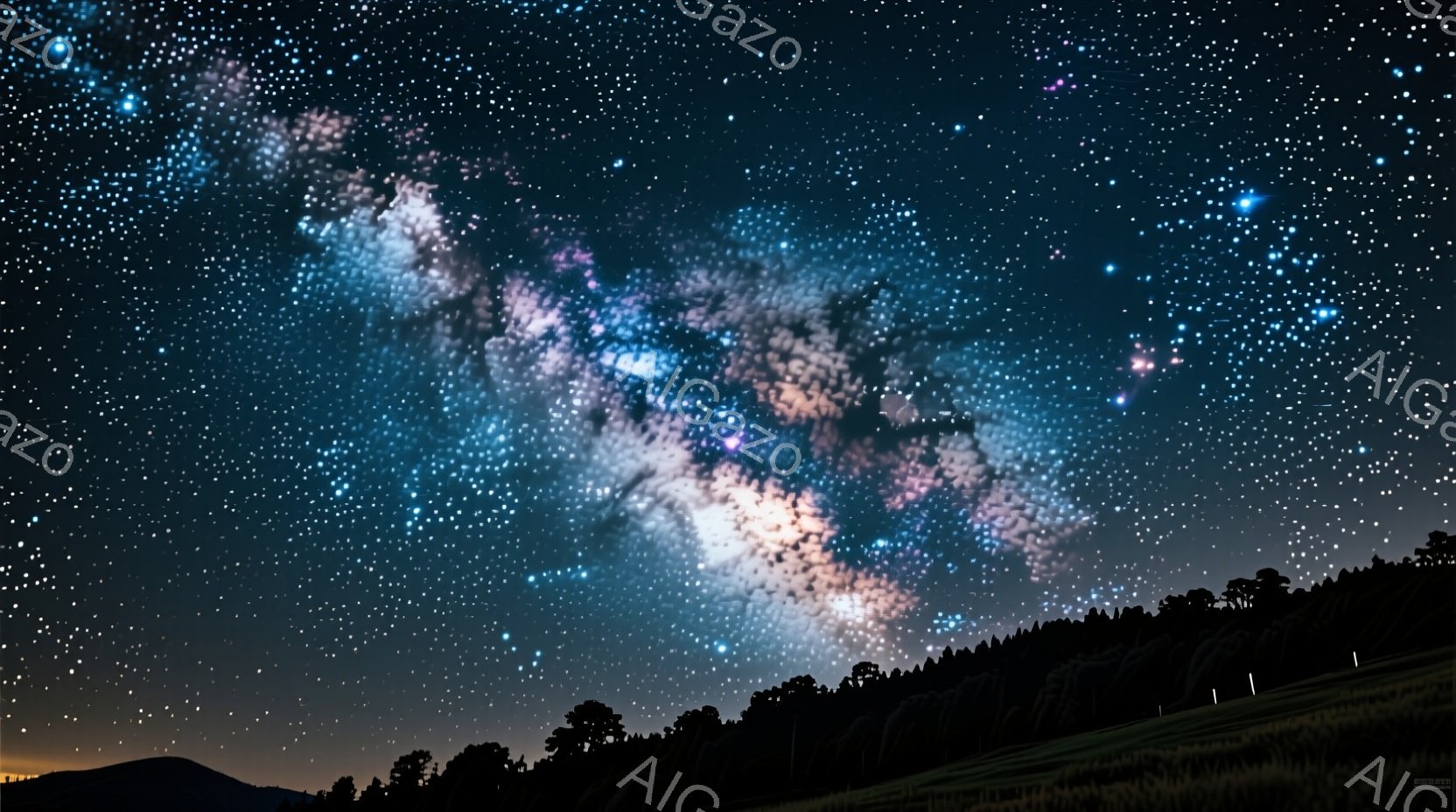 夜空には天の川が壮大に広がり、無数の星々が輝いている。地平線には、シルエットになった山並みと草が生い茂る丘が確認でき、夜の静けさと自然の雄大さを感じさせる。全体的に、幻想的で神秘的な雰囲気が漂っている。