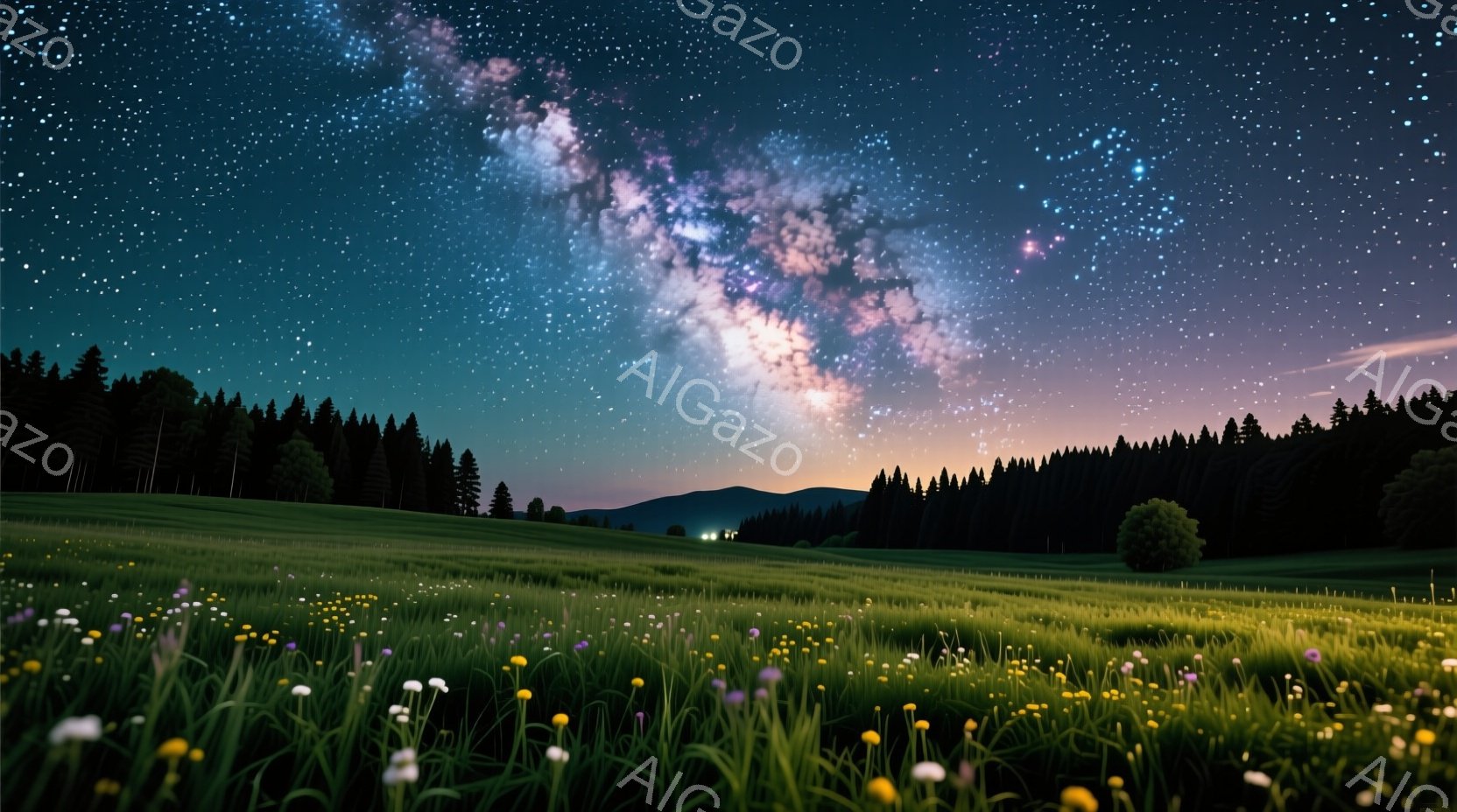 広大な緑の草原が広がり、様々な色の野花が咲き乱れている。背景には鬱蒼とした森林と、遠くに見える山々が連なり、空には壮大な天の川が流れ、幻想的な雰囲気を醸し出している。全体的に静かで平和な、自然の美しさ - AI生成フリー素材