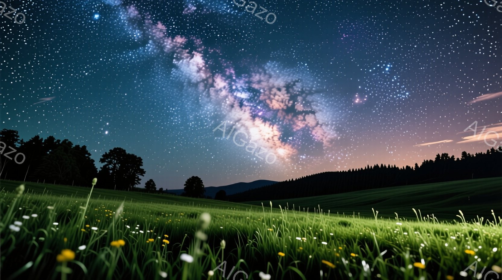 広大な緑の牧草地が広がり、その奥には暗いシルエットの丘と森が連なっている。空には天の川が壮大に広がり、無数の星々が輝き、幻想的な光景を作り出している。牧草地には白い花々が咲き乱れ、静寂と神秘的な雰囲気 - AI生成フリー素材