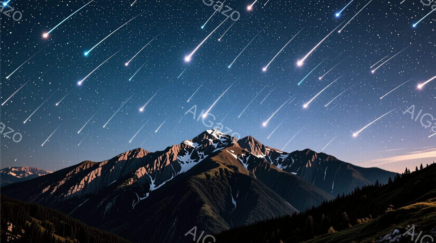 雪を被った険しい山々が、夜空に輝く無数の流れ星の下に広がっている。山麓には暗い緑の森林が広がり、夜明け前の静寂な雰囲気を醸し出している。流れ星の光跡が、山々のシルエットと森林を照らし、幻想的で壮大な自然の風景を描き出している。