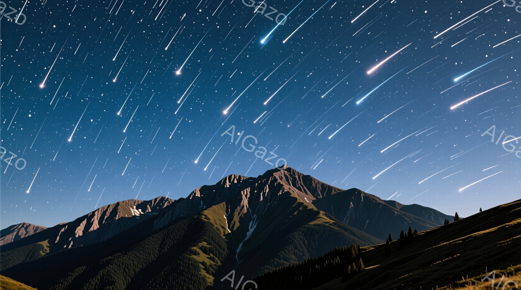 夜空には無数の流れ星が輝き、山々の稜線を照らしている。山肌は暗い影に覆われ、麓には緑豊かな森林が広がっている。全体的に静寂で神秘的な雰囲気を醸し出しており、まるで時間が止まったかのような印象を与える。