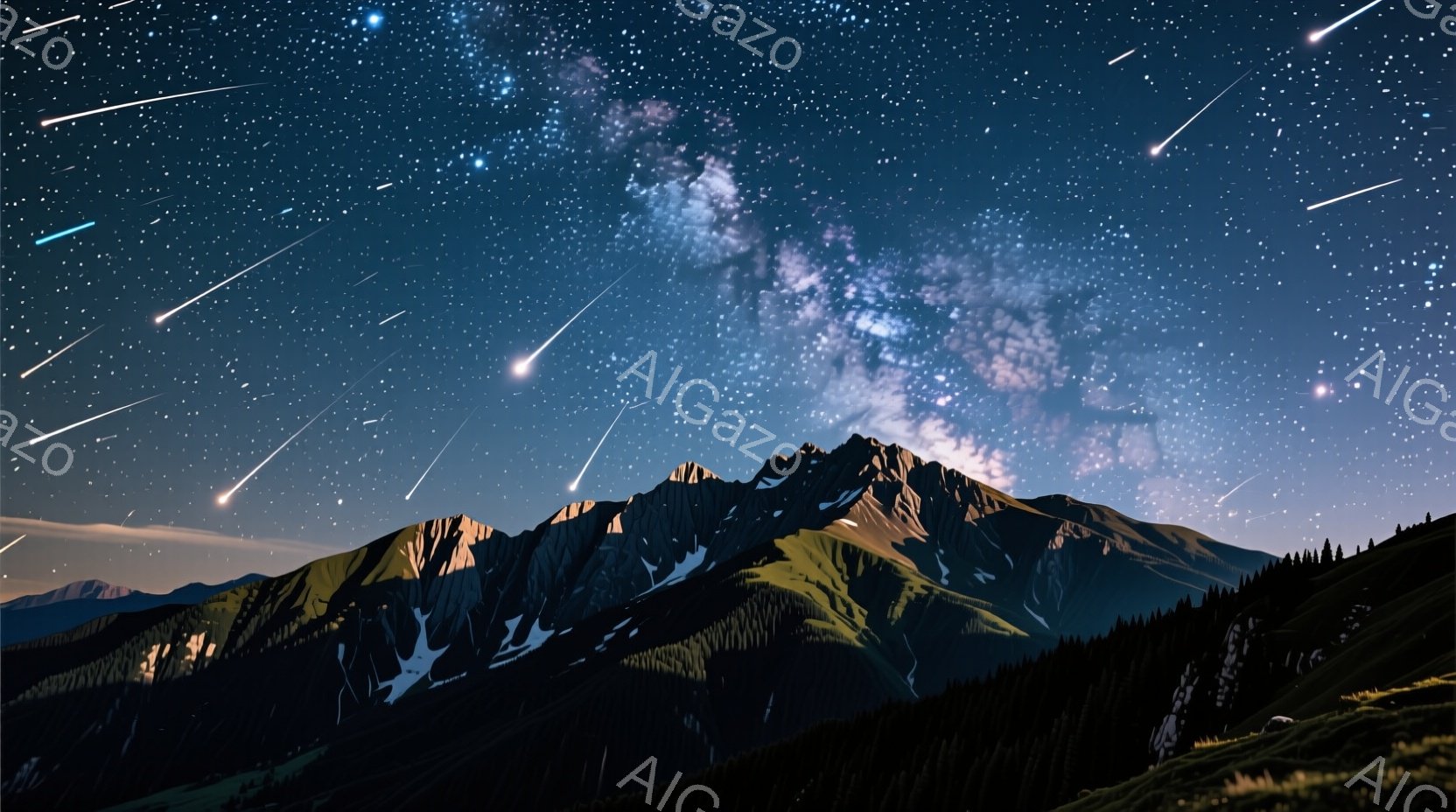 夜空には天の川が輝き、流れ星が多数舞い散っている。険しい山々はシルエットで描かれ、雪を抱きながら夜空にそびえ立っている。山麓には深い緑の森林が広がり、神秘的で幻想的な雰囲気を醸し出している。 - AI生成フリー素材