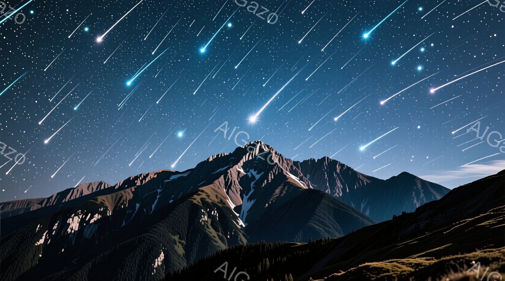 漆黒の夜空を背景に、雪を頂いた山々が連なっている。無数の流れ星が空を横切り、幻想的な光景を作り出している。山肌にはわずかに光が当たり、暗闇の中でその稜線が際立っている。