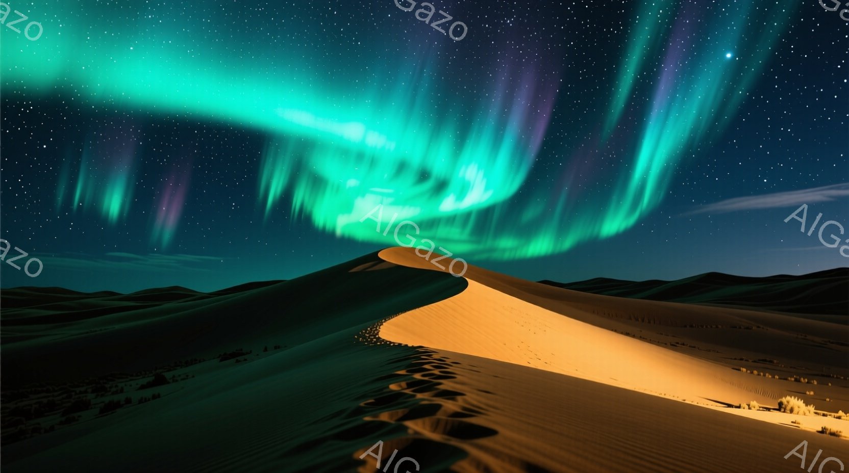 広大な砂丘が夜空の下に広がり、その上空には緑と紫が混ざり合ったオーロラが幻想的に輝いている。砂丘は黄金色に照らされ、その起伏が夜空とのコントラストを生み出している。 全体的に静かで神秘的な雰囲気を醸し - AI生成フリー素材