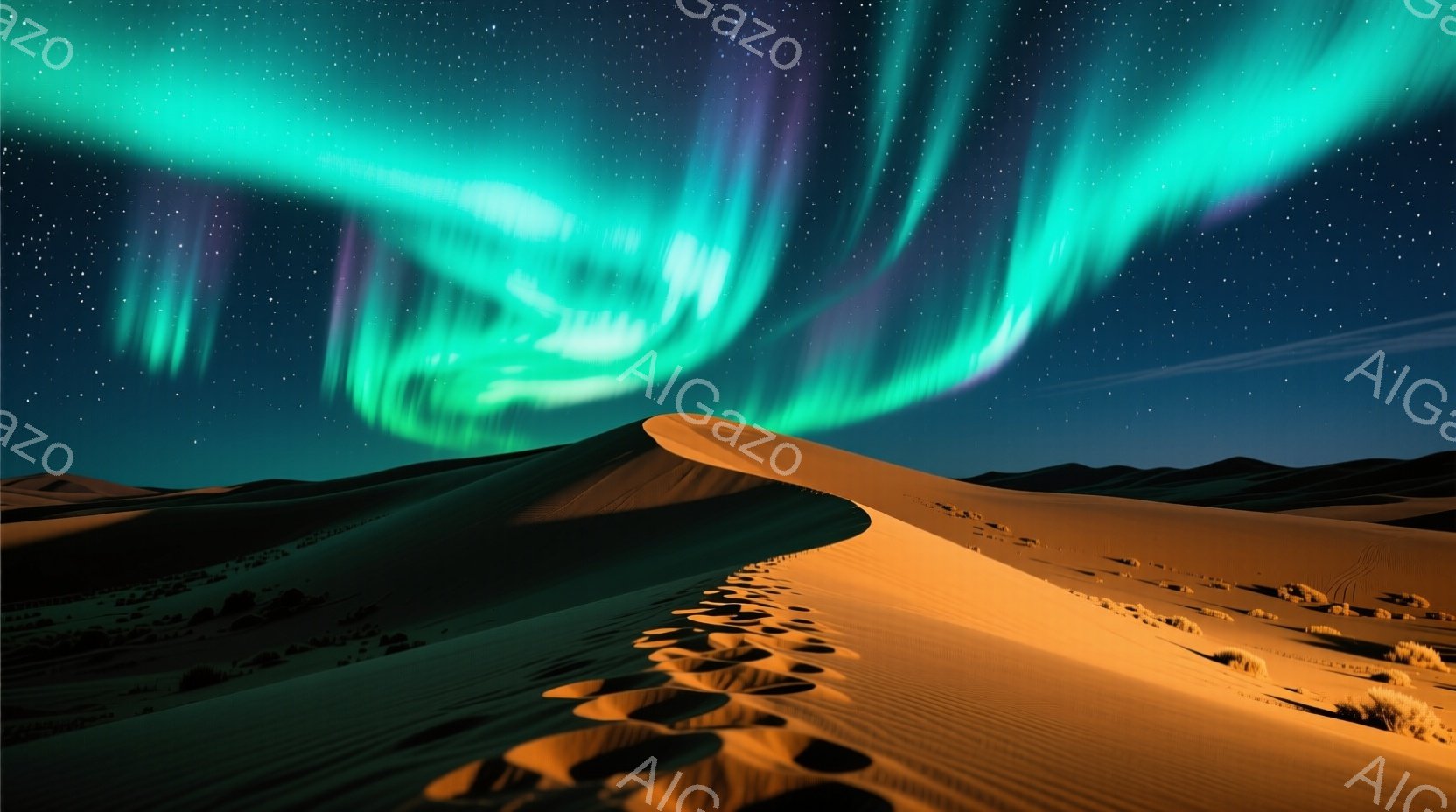 広大な砂丘が夜空を背景に広がっており、オーロラのような緑色の光が空を彩っています。砂丘には足跡が点々と続いており、誰かが歩いた痕跡が見られます。夜空には星が輝き、全体的に神秘的で幻想的な雰囲気を醸し出 - AI生成フリー素材