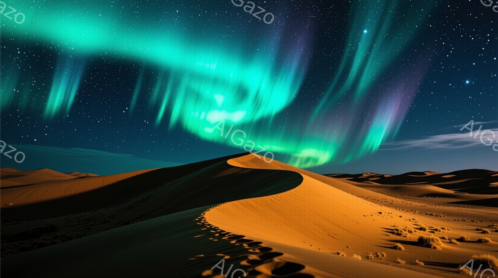 広大な砂漠の風景が広がり、うねる砂丘が夜空へと続く。オーロラのような緑と紫の光が夜空を彩り、星々が輝いている。砂漠にはまばらに草が生えており、静寂で神秘的な雰囲気を醸し出している。 - AI生成フリー素材