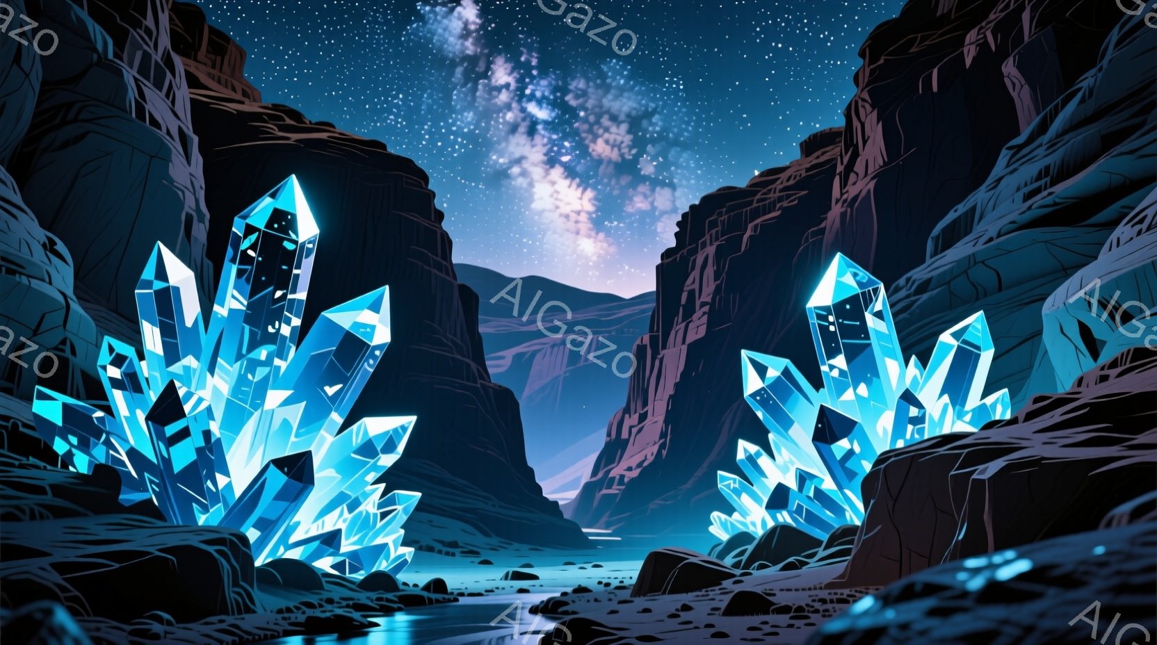 険しい岩肌の峡谷の中に、青く輝く巨大な結晶が点在している様子が描かれている。夜空には星が輝き、遠くには薄紫色のオーロラのような光が広がっている。全体的に神秘的で幻想的な雰囲気が漂い、まるで異世界の風景のようだ。