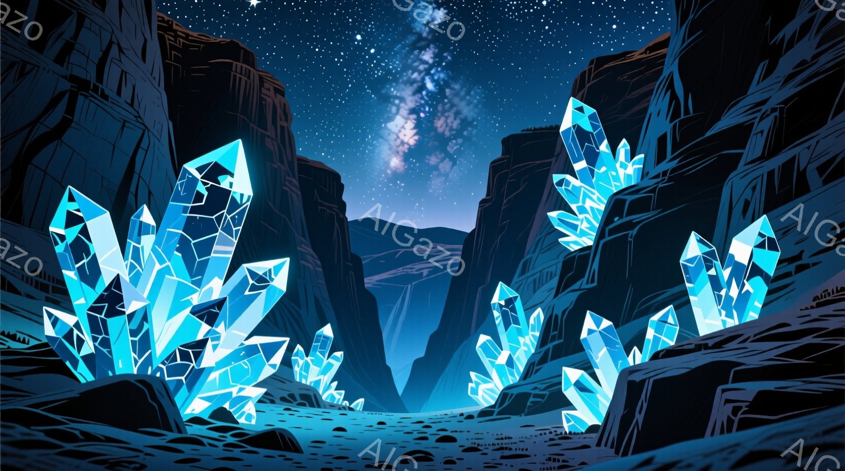 深い渓谷の中に青く輝く巨大な結晶が点在し、夜空には星と天の川が広がっている。地面は岩石で覆われ、暗い青と紫の色調が神秘的な雰囲気を醸し出している。 全体的に、静寂で幻想的な光景が、まるで別世界への入り口を連想させる。