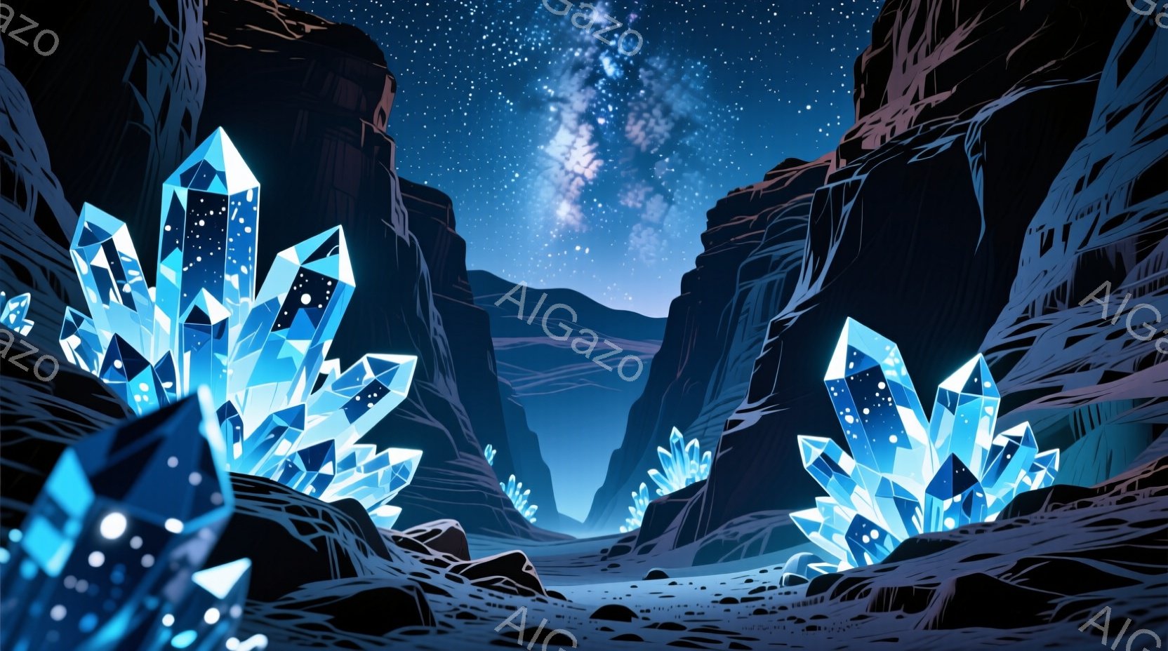 深い渓谷の中に、青く光る巨大な結晶が点在している様子が描かれている。夜空には星が輝き、天の川が広がり、神秘的な雰囲気を醸し出している。岩石の多い地形で、光る結晶がこの場所の独特な魅力を際立たせている。