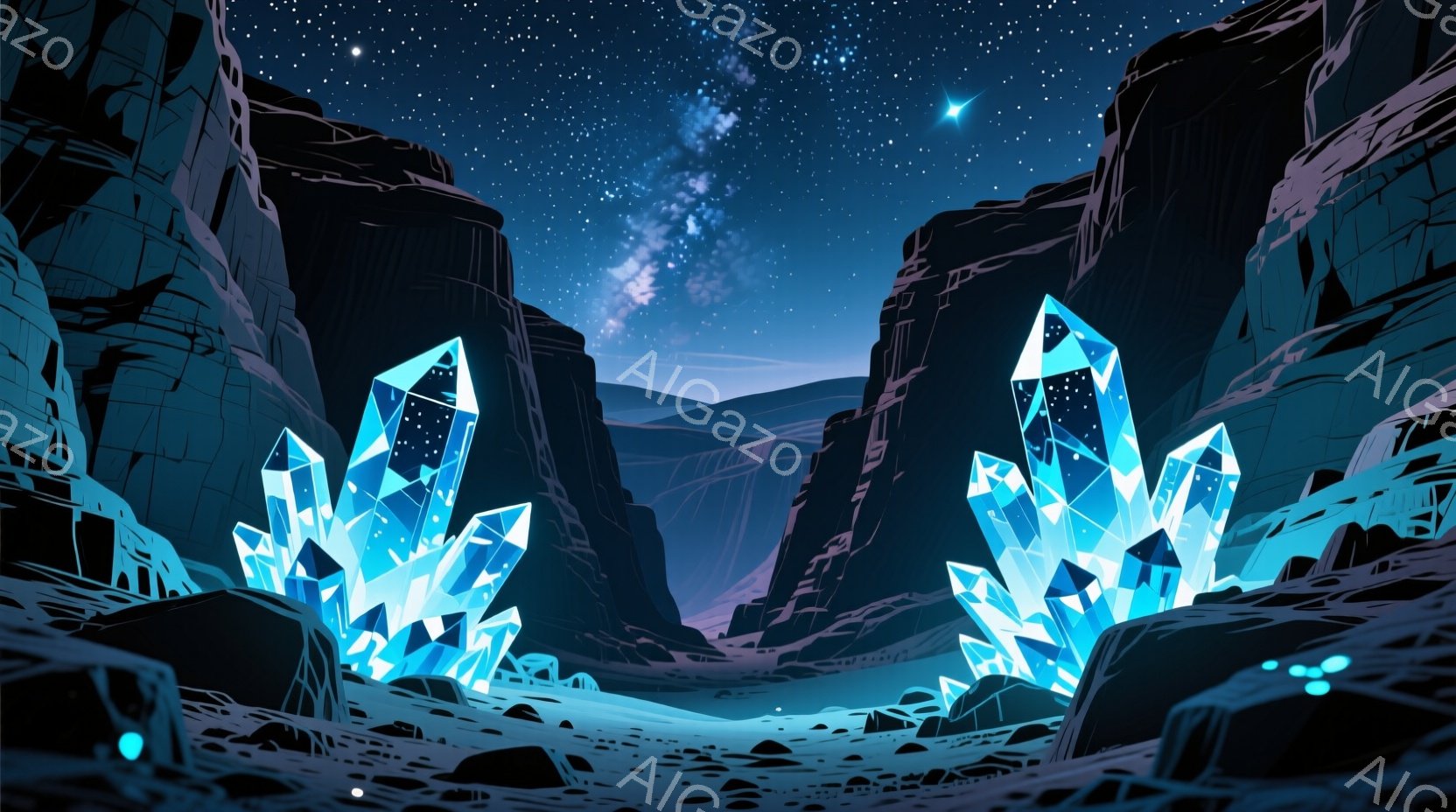 深い峡谷の中に、青く光る巨大な結晶が複数立っている風景だ。夜空には星が輝き、遠くには薄い雲が見える。全体的に幻想的で神秘的な雰囲気を醸し出しており、静寂と荘厳さが感じられる。 - AI生成フリー素材