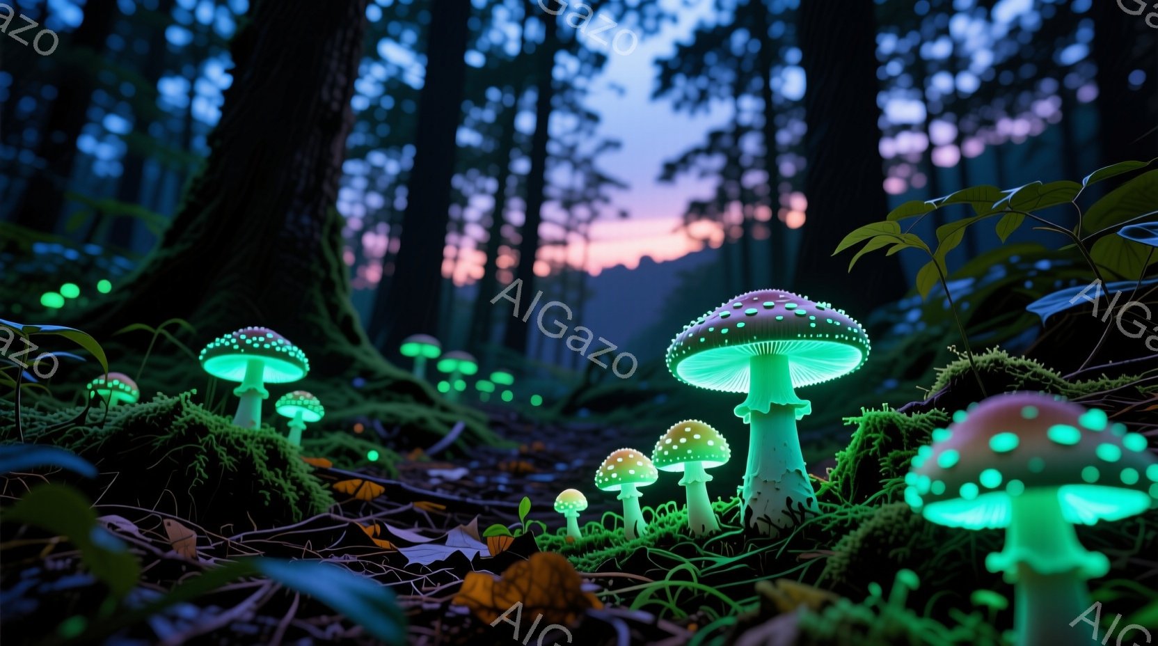 暗い森の中に、様々な大きさの光るキノコが生えている様子が描かれている。キノコは赤や緑色に輝き、周囲の苔や落ち葉とコントラストをなしている。背景には、夕暮れ時の空が薄く見え、神秘的で幻想的な雰囲気を醸し出している。