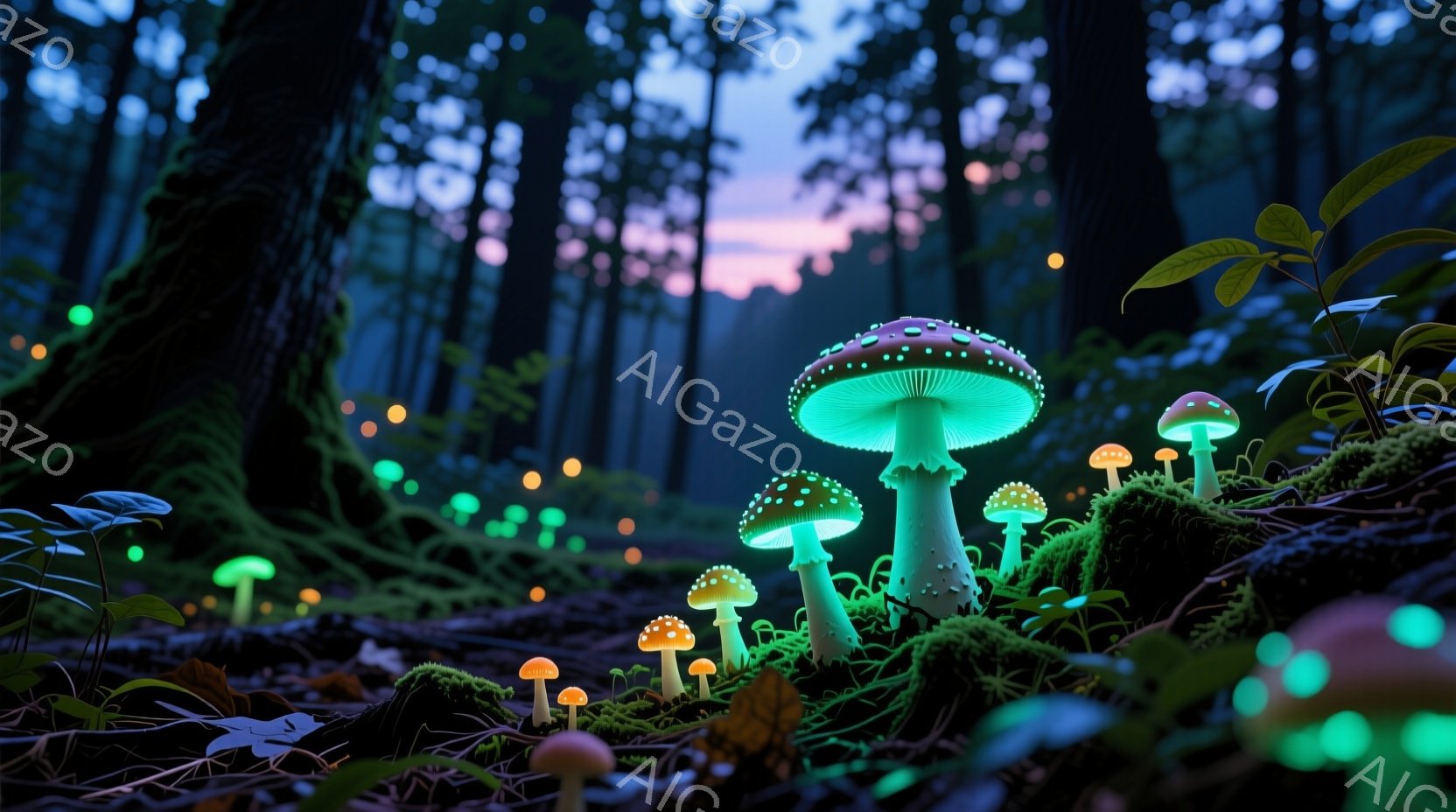 深い森の中で、様々な色のキノコが発光している様子が描かれています。鮮やかな水色やオレンジ色の光を放つキノコは、苔むした地面や木の根元に点在し、幻想的な雰囲気を醸し出しています。背景には暗い木々が立ち並 - AI生成フリー素材