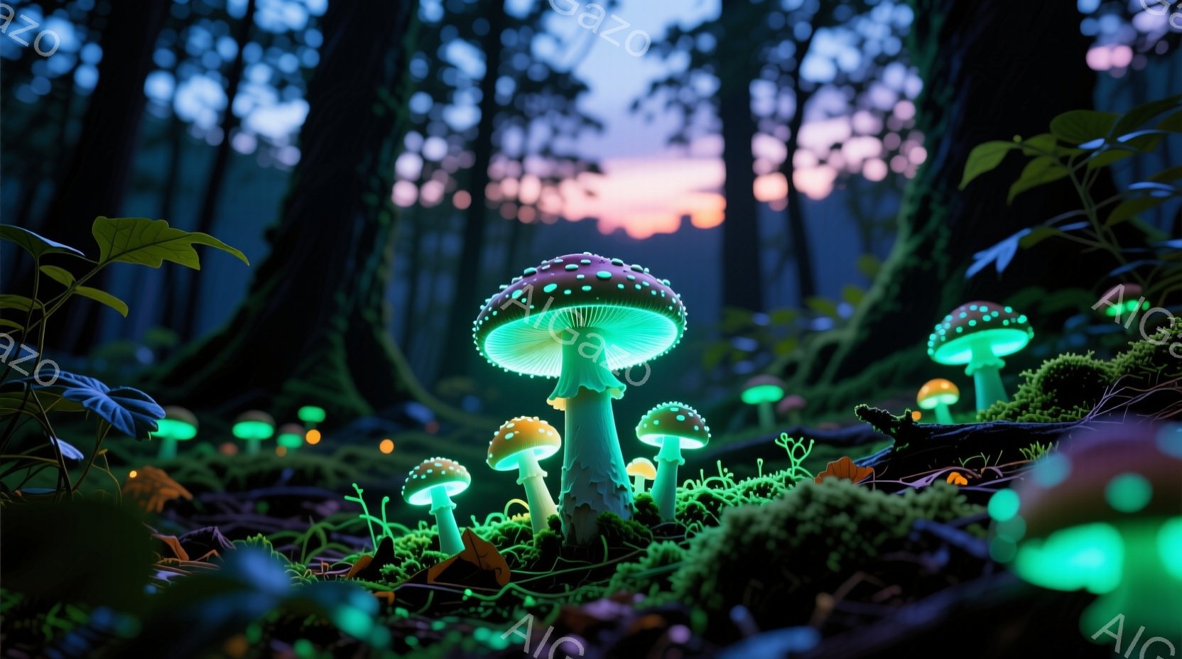深い森の中で、さまざまなサイズの光るキノコが幻想的な光を放っている。地面は緑色の苔と落ち葉で覆われ、背景には夕焼けのようなオレンジと紫のグラデーションが見える。全体的に神秘的で、静かで穏やかな雰囲気が - AI生成フリー素材