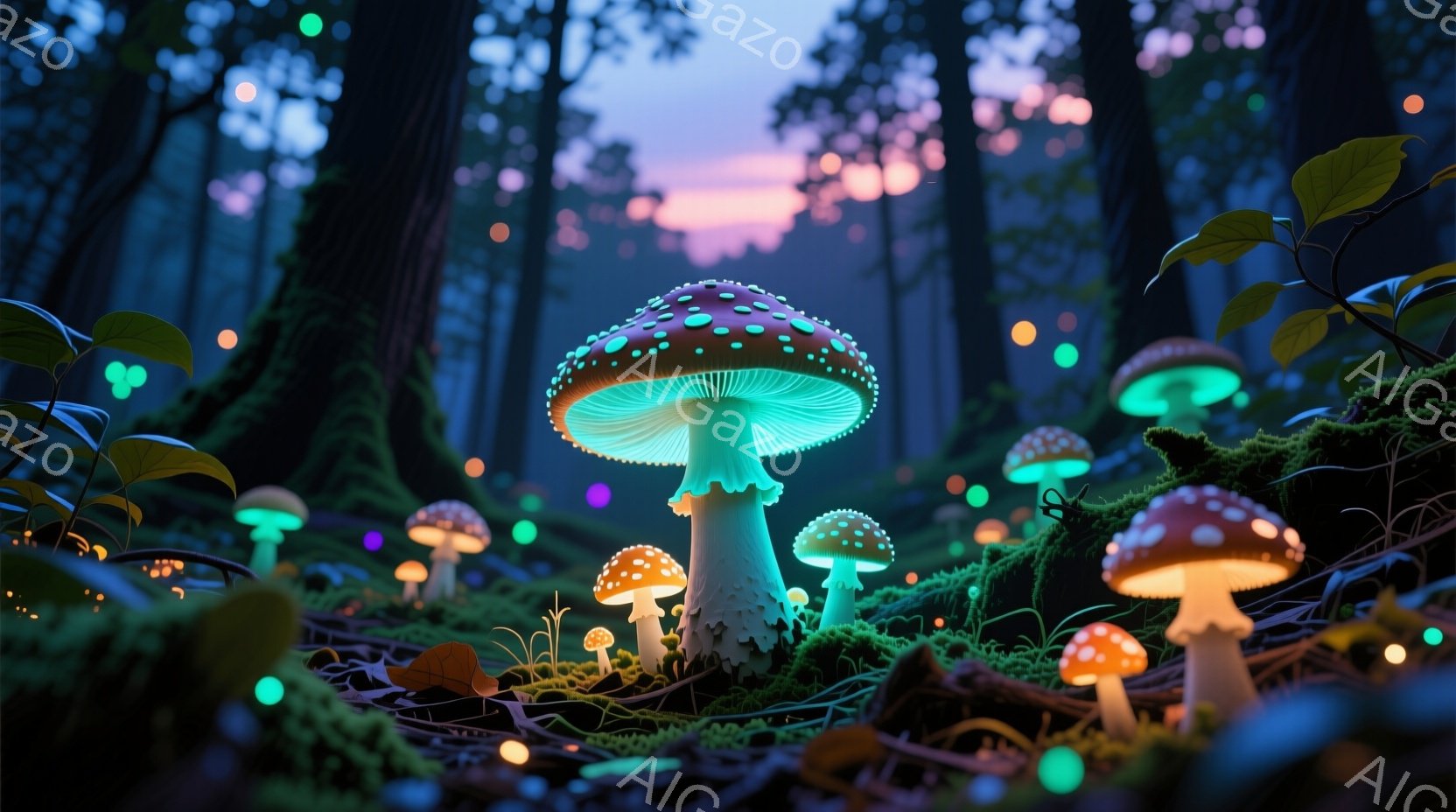 鮮やかな光を放つ様々な色のキノコが、緑豊かな苔むした森の中に点在している。背景には暗い木々が立ち並び、夕焼けのようなオレンジと紫色の空が幻想的な雰囲気を醸し出している。全体的に神秘的で、おとぎ話のよう - AI生成フリー素材