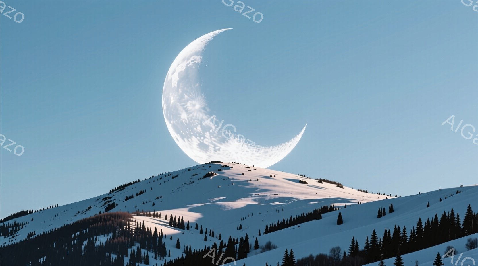 雪をまとった丘陵が広がり、その背後に巨大な満月が浮かんでいる。丘陵の斜面には針葉樹林が点在し、雪の照り返しで影が長く伸びている。空は澄み渡った青色で、全体的に静寂で神秘的な雰囲気を醸し出している。 - AI生成フリー素材
