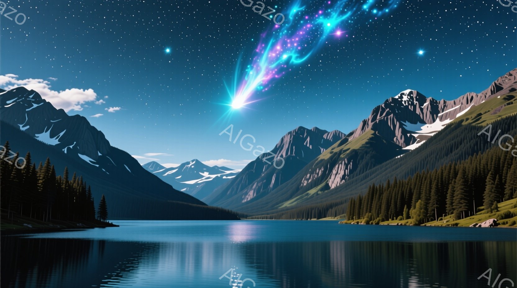 険しい山々に囲まれた湖が、夜空を彩る彗星の光を反射している。深い青色の湖面は静かで、周囲の緑豊かな森林と雪を抱いた山々の壮大な景色が映り込んでいる。空には無数の星が輝き、幻想的で平和な雰囲気を醸し出し - AI生成フリー素材
