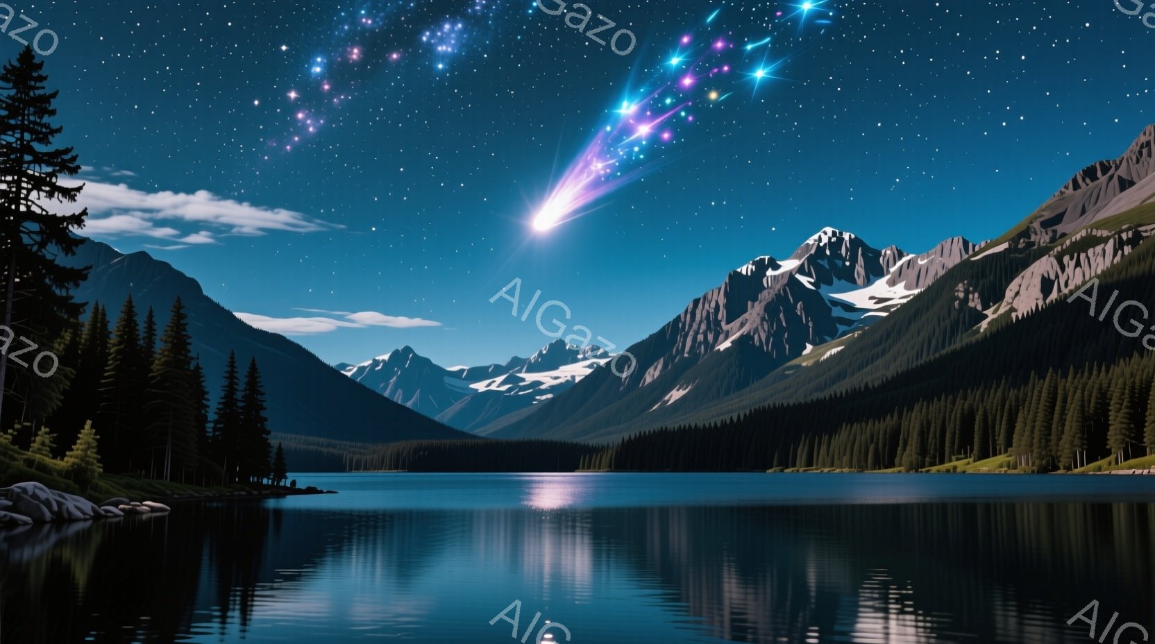 深い青色の湖が、雪を抱いた山々の美しい反射を映し出しています。夜空には、鮮やかな彗星が輝き、湖面と山々のコントラストを際立たせています。針葉樹林が湖岸を縁取り、静寂で神秘的な雰囲気を醸し出しています。 - AI生成フリー素材