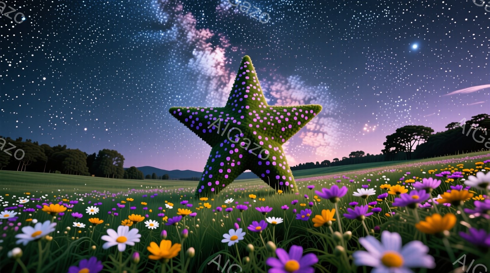 広大な緑の草原に、紫、白、オレンジ色の花々が咲き乱れ、その中央に巨大な緑色の星形のオブジェがそびえ立っています。夜空には天の川が輝き、遠くにはシルエットのような木々が見え、幻想的で平和な雰囲気を醸し出 - AI生成フリー素材