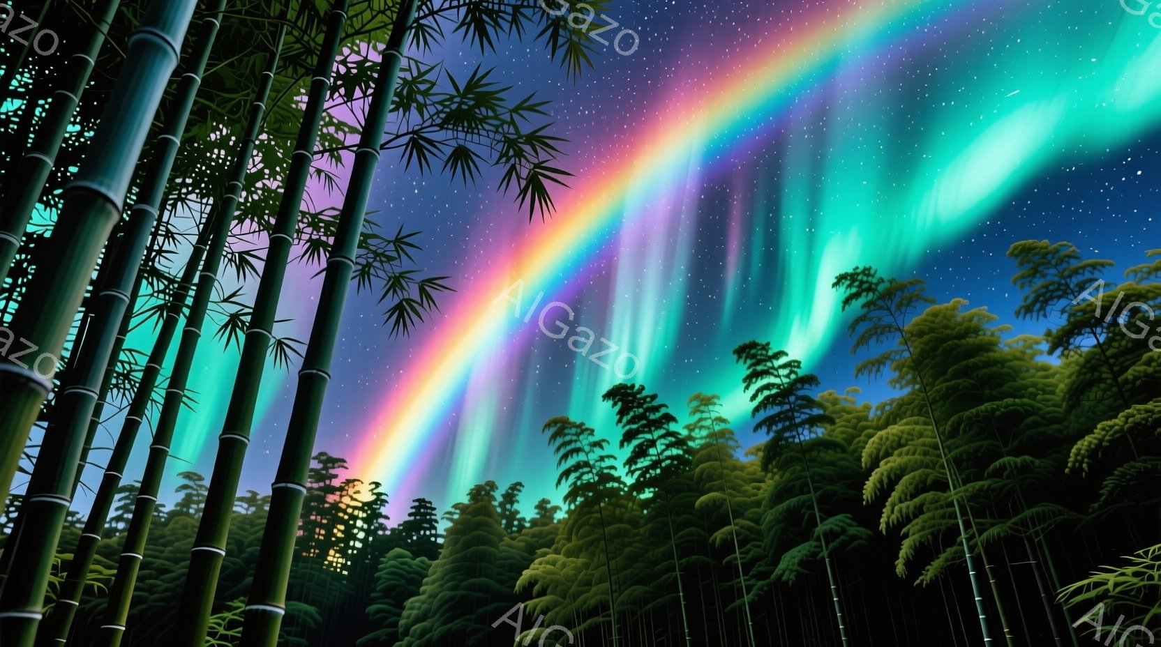 深い緑色の竹林が夜空を背景にそびえ立ち、オーロラのような虹色の光が空を横切っている。竹の葉は細かく描かれ、夜空には無数の星が輝き、幻想的な雰囲気を醸し出している。この風景は、自然の美しさと神秘性を強調 - AI生成フリー素材