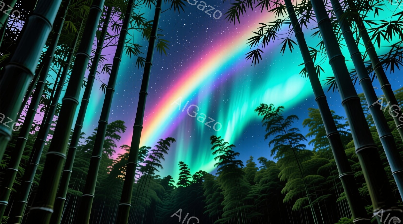 深い緑色の竹林が天高く伸び、その上には虹色に輝くオーロラが夜空を彩っている。背景は深い藍色と紫色のグラデーションで、星々が散りばめられ、幻想的な雰囲気を醸し出している。全体的に静寂と神秘を感じさせる、 - AI生成フリー素材