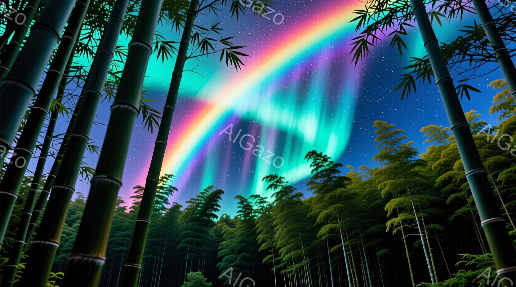 夜空には、鮮やかなオーロラが広がり、緑、紫、ピンクの色合いが幻想的な光を放っている。竹林が画面を満たし、高い竹が暗闇の中にそびえ立ち、神秘的な雰囲気を醸し出している。星空と竹林が織りなす光景は、静寂と - AI生成フリー素材