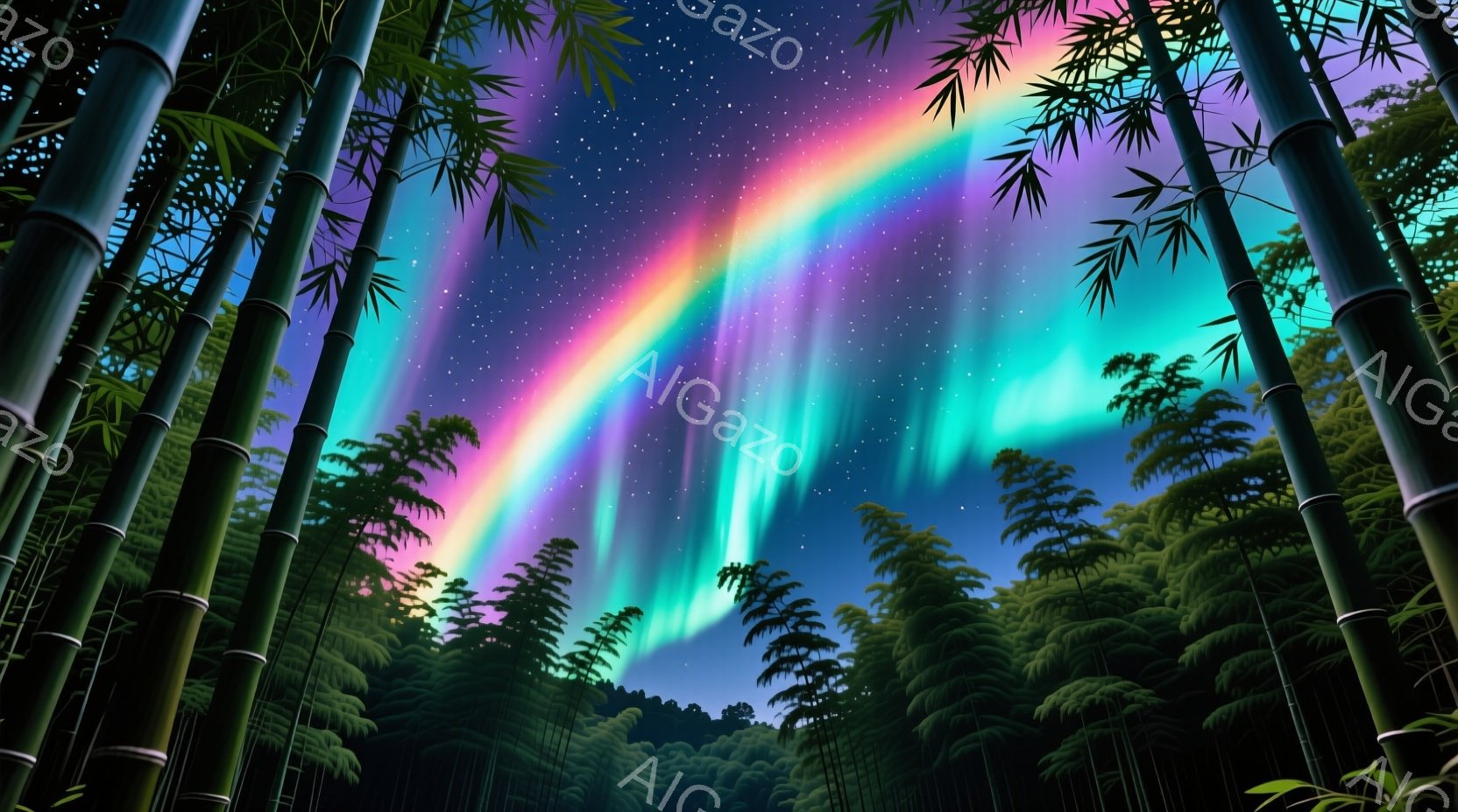 鮮やかなオーロラが竹林の上空に広がり、幻想的な光景を作り出している。緑豊かな竹林が画面全体を覆い、その奥にはうっすらと山並みが見える夜空は、無数の星で満たされている。全体的に神秘的で静謐な雰囲気が漂い - AI生成フリー素材