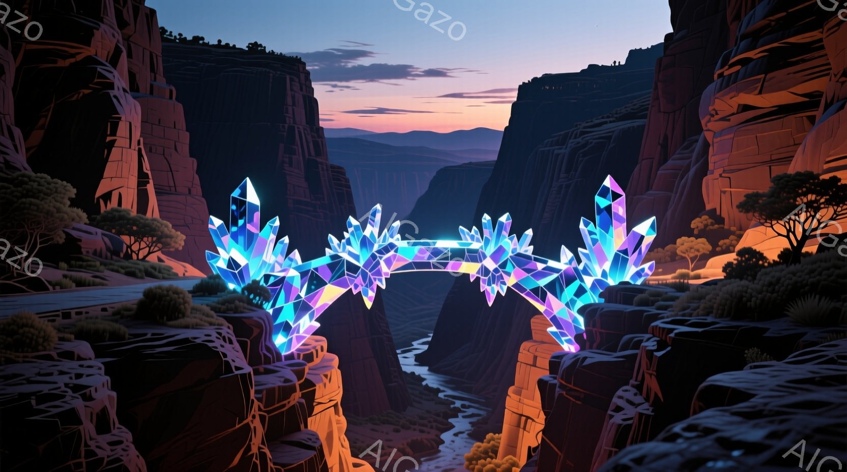 険しい峡谷に架かる、発光するクリスタルの橋が印象的な光景です。周囲は赤茶色の岩肌と緑の灌木に覆われ、遠くには夕焼け空が広がっています。クリスタルの橋は幻想的な雰囲気を醸し出し、自然と人工物のコントラストが美しい一枚です。