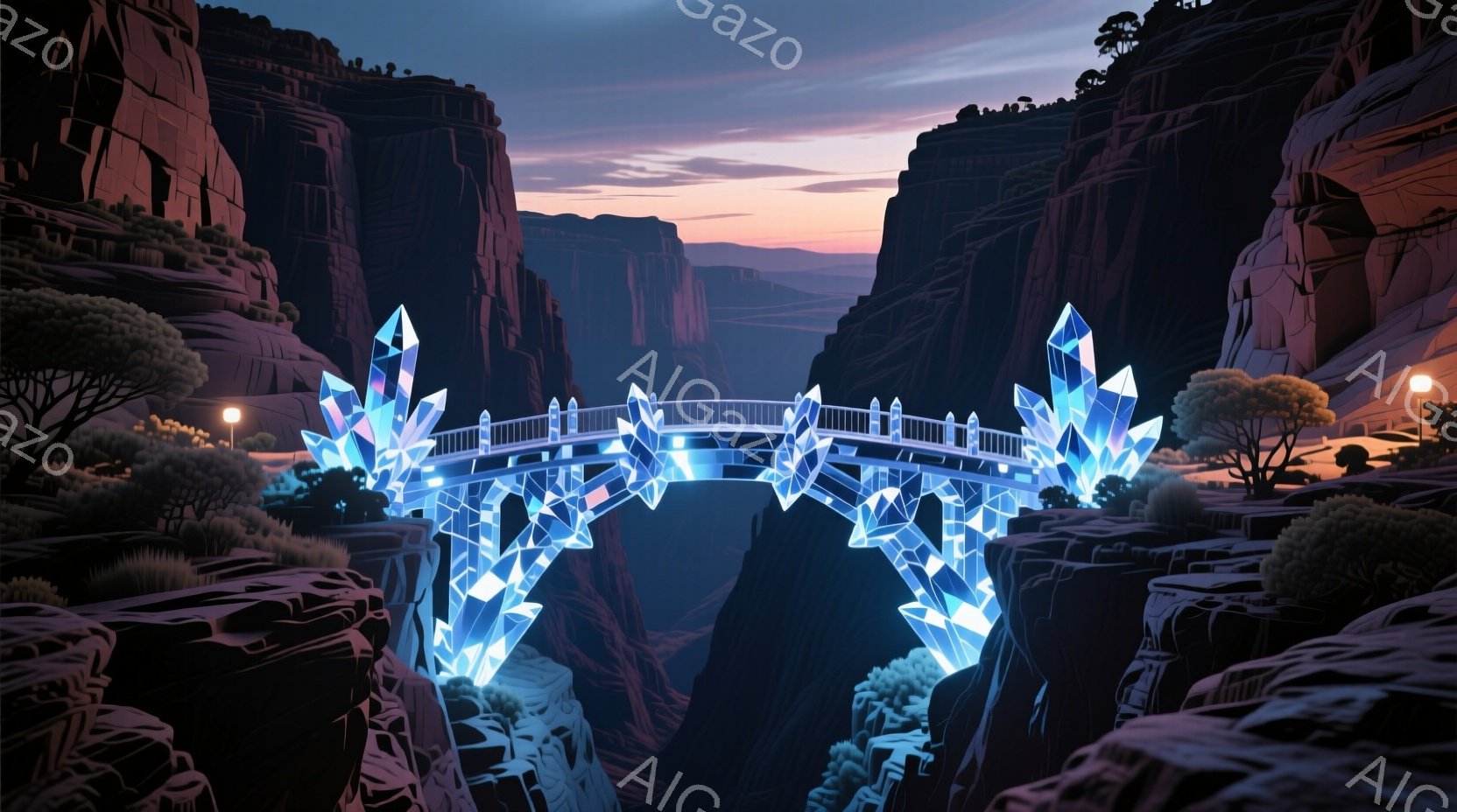 深い渓谷にかかる橋が印象的な風景です。橋は青く光る結晶のような構造で支えられており、幻想的な雰囲気を醸し出しています。背景には夕焼け空が広がり、岩肌が赤く染まり、神秘的な光景を作り出しています。 - AI生成フリー素材