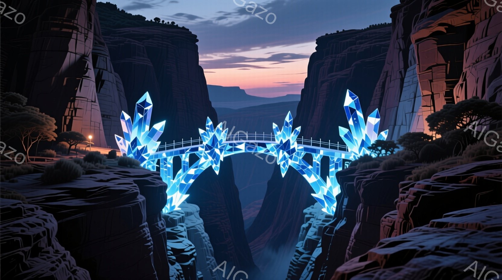 深い峡谷に架かる橋が、青く輝く結晶で構成されており、幻想的な雰囲気を醸し出しています。背景は夕焼け空で、オレンジと紫の色合いが峡谷の岩肌を照らし、両側には緑の茂みが点在しています。全体的に、神秘的で壮 - AI生成フリー素材