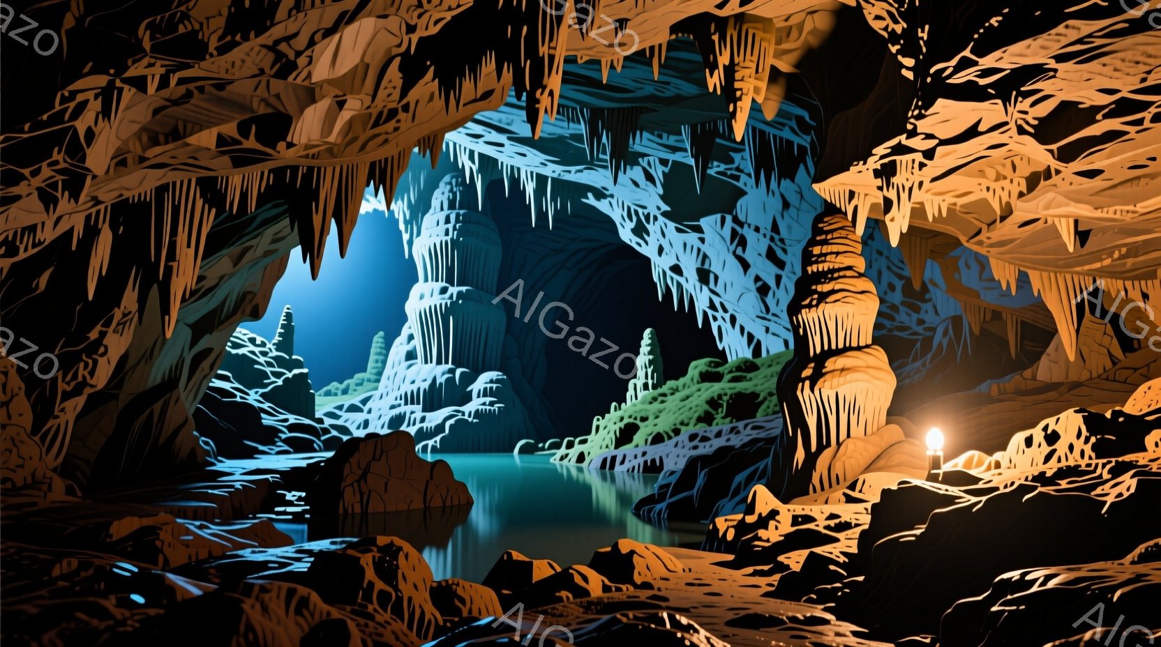 洞窟内は、水面に光が反射する静かな湖で満たされており、天井からは無数の鍾乳石が降り注いでいます。湖の周囲には岩が積み重なり、遠くには緑色の植物が見え、神秘的な雰囲気を醸し出しています。全体的に青と茶色が基調で、洞窟の冷たさと静寂さが感じられます。