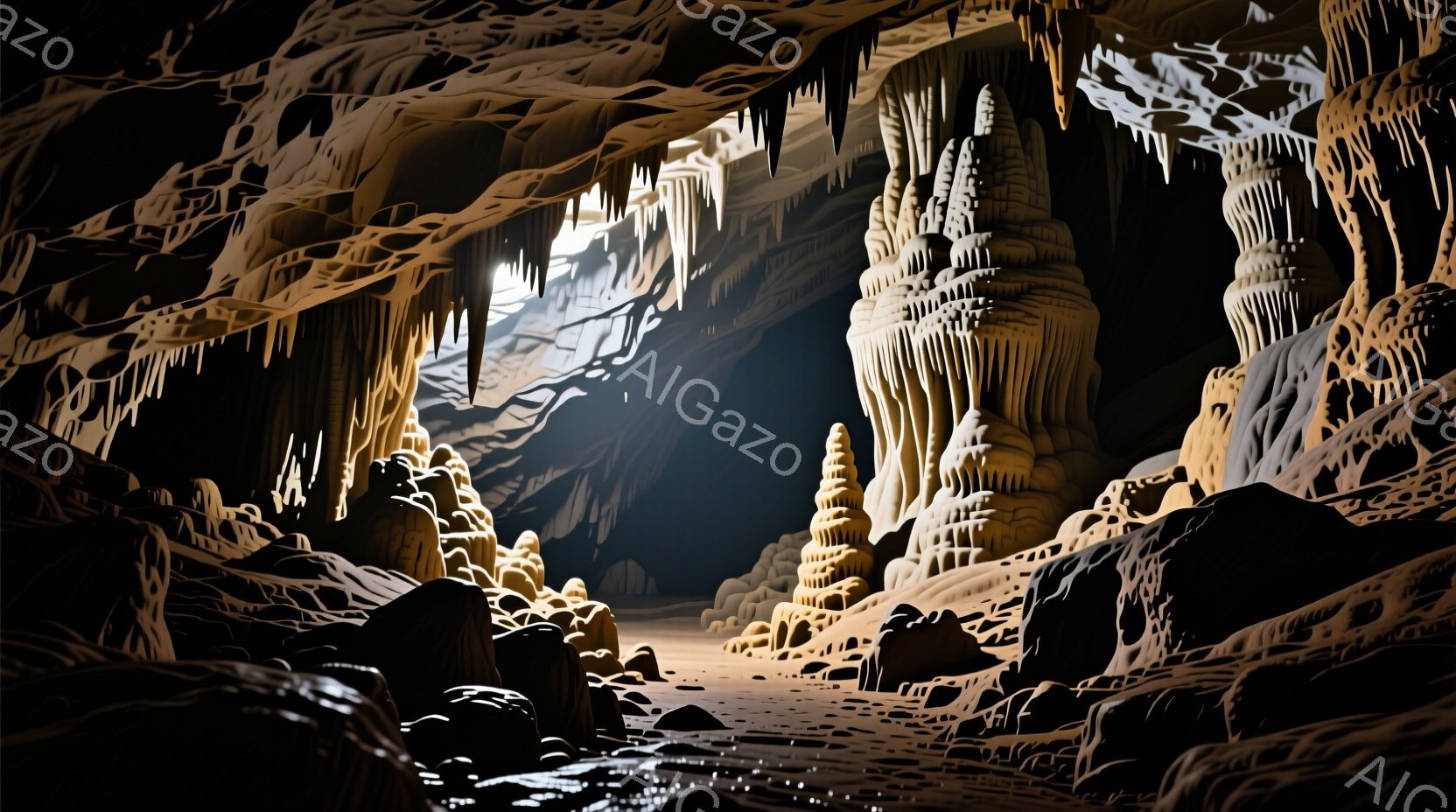 洞窟内部の様子で、天井から伸びる無数の鍾乳石と、地面から生える柱状の鍾乳石が特徴的です。薄暗い光が鍾乳石を照らし、神秘的で幻想的な雰囲気を醸し出しています。洞窟の奥には明るい光が差し込み、奥行きを感じさせます。