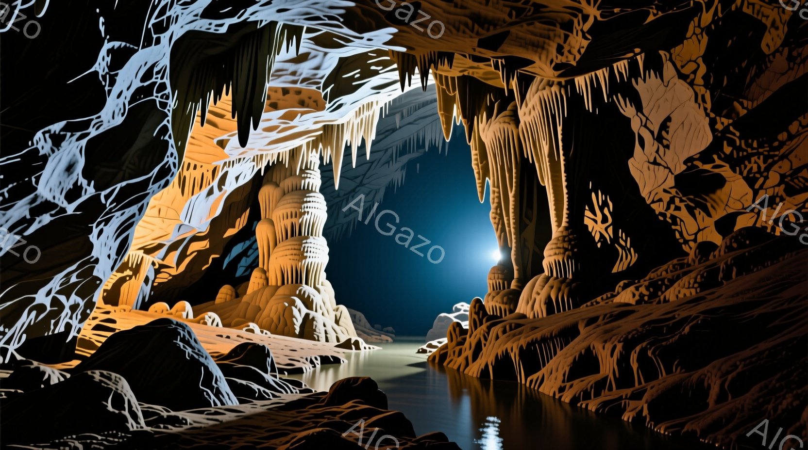 洞窟内部の様子が描かれており、天井からは無数の鍾乳石が吊り下がっている。水面は穏やかで、鍾乳石の奇妙な形が水面に反射して幻想的な雰囲気を醸し出している。洞窟の奥には明るい光が差し込み、神秘的で静謐な空間を強調している。