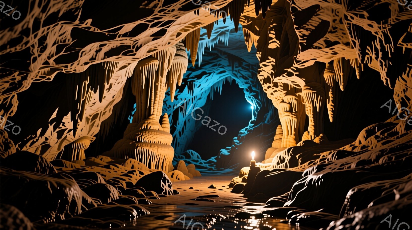 洞窟内部の幻想的な風景が描かれている。石筍や鍾乳石が複雑に絡み合い、青と黄色の光が神秘的な雰囲気を醸し出している。水面には光が反射し、洞窟内の奥へと続く道を示唆している。