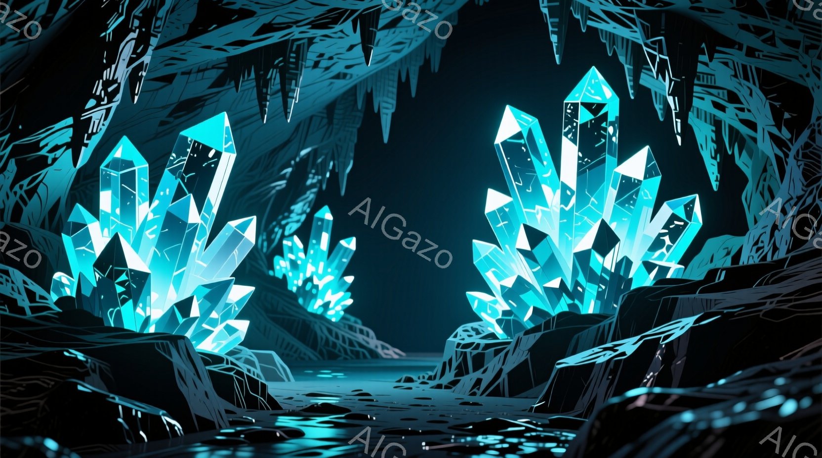 洞窟内に青色の結晶が密集しており、光を放って幻想的な空間を作り出している。地面には水溜まりがあり、結晶の光が反射してきらめいている。全体的に神秘的で、どこか神聖な雰囲気を漂わせる暗い風景だ。