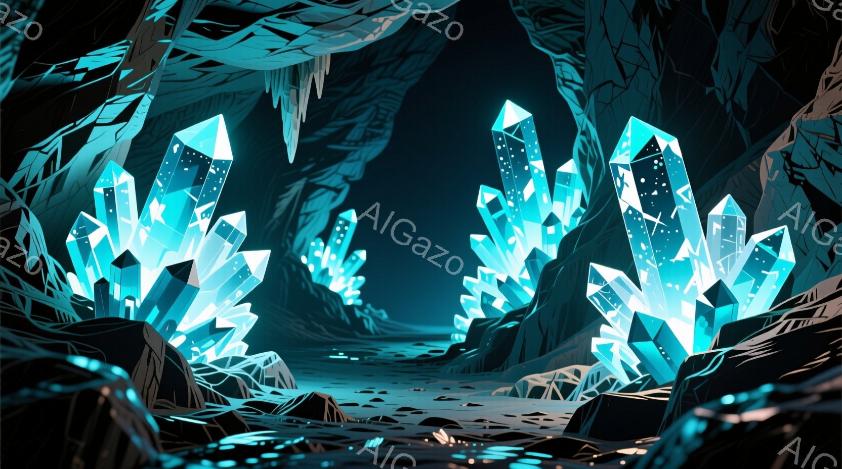 青く光る結晶が林立する洞窟内部を描いている。地面は岩石と薄い光の粒子で覆われ、奥行きのある暗闇が広がっている。全体的に神秘的で幻想的な雰囲気が漂い、まるで異世界の空間のような印象を受ける。 - AI生成フリー素材