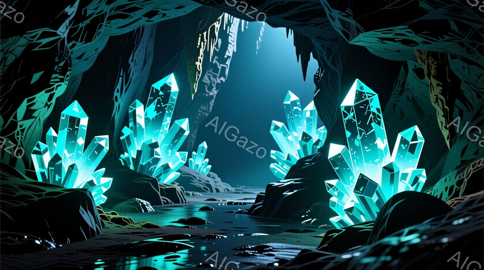 洞窟内に青緑色の結晶が点在し、水面がその光を反射して幻想的な光景を作り出している。暗い岩肌と水面のコントラストが、神秘的で静謐な雰囲気を強調している。光の筋が奥へと導き、奥行きのある空間が広がり、未知の世界への探求心をくすぐる。