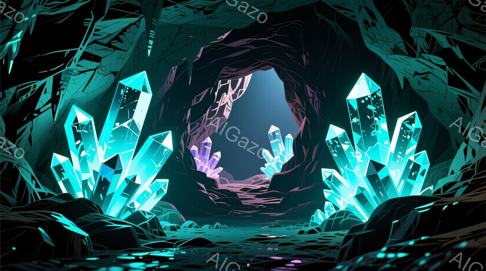暗い洞窟内に、青緑色に輝く巨大な水晶が点在し、神秘的な光を放っている。地面は岩石や土で構成され、奥へと続く道は薄暗く、遠くにわずかな光が見える。全体的に幻想的で、どこか神秘的な雰囲気が漂う、まるで異世界への入り口のような空間である。