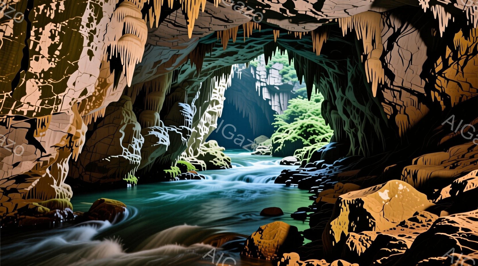 深い洞窟内に緑色の川が流れ込み、水しぶきを上げて激しく流れている様子が描かれている。洞窟の天井からは多数の鍾乳石が垂れ下がり、岩肌には苔が生えている。光が差し込む奥には緑豊かな森林が見え、神秘的で静謐な雰囲気を醸し出している。