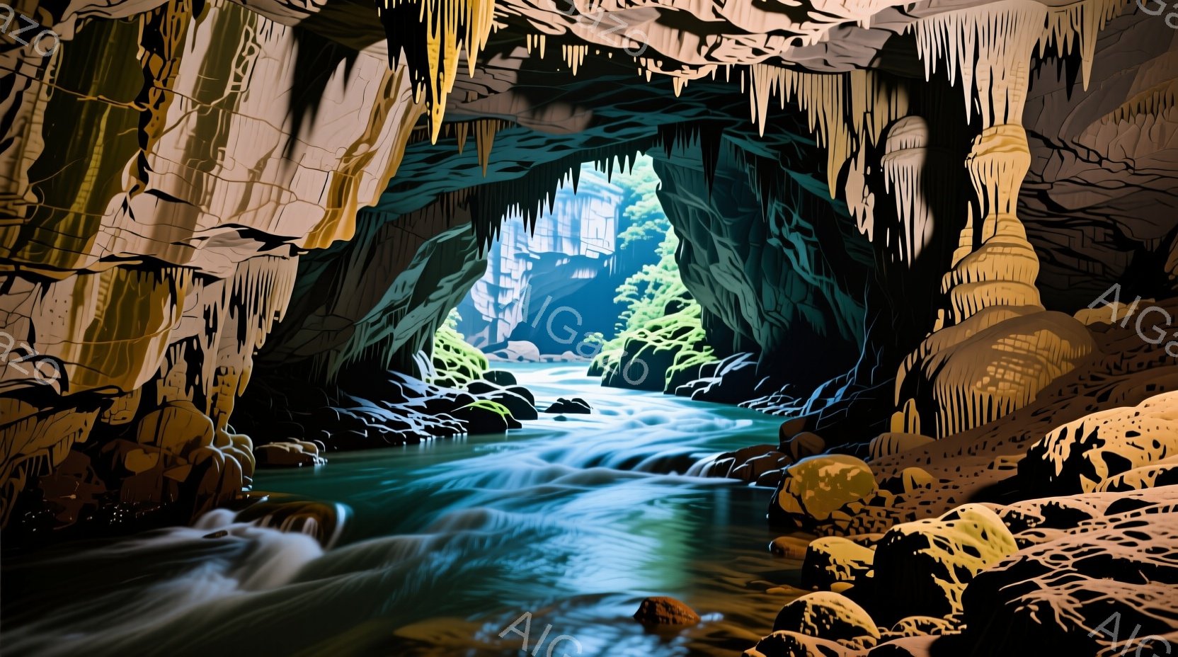 洞窟内に水が流れる様子が描かれています。天井からは多数のつららが垂れ下がり、水面は激しく流れ、岩場を縫うように進んでいます。背景は明るい光が差し込み、洞窟の奥へと続く自然の神秘的な雰囲気を醸し出しています。