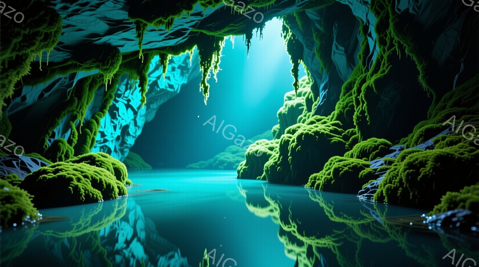 深緑色の水面が鏡のように静まり返った洞窟内は、天井から滴る光と、壁を覆う緑豊かな苔によって神秘的な雰囲気が漂っている。苔は岩肌に密生し、洞窟の奥へと続く通路をまるで緑のトンネルのように形作っている。水面には天井からの光が反射し、洞窟全体を幻想的な青緑色で照らし出している。