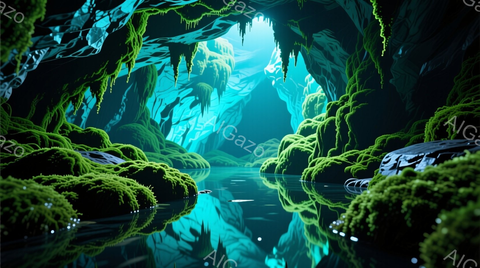 鬱蒼とした緑色の苔が洞窟の壁一面に生い茂り、水面に反射して幻想的な光景を作り出している。洞窟内は薄暗く、天井からの光が水面にぼんやりと映り込み、神秘的な雰囲気を醸し出している。静かで穏やかな水面は、まるで鏡のように周囲の風景を映し出し、自然の美しさを際立たせている。