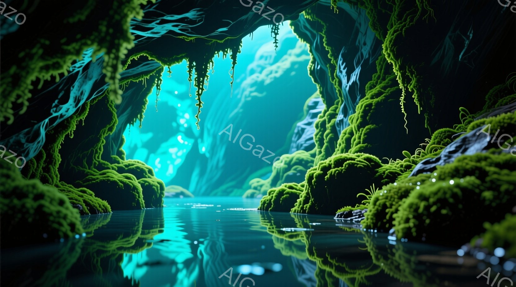 洞窟内は、緑色の苔が岩肌を覆い、幻想的な光景を作り出している。水面は静かで穏やかであり、苔と岩の緑、そして洞窟内の奥から差し込む青い光が水面に反射し、神秘的な雰囲気を醸し出している。全体的に湿潤で、静寂に包まれた自然の神秘を感じさせる空間である。