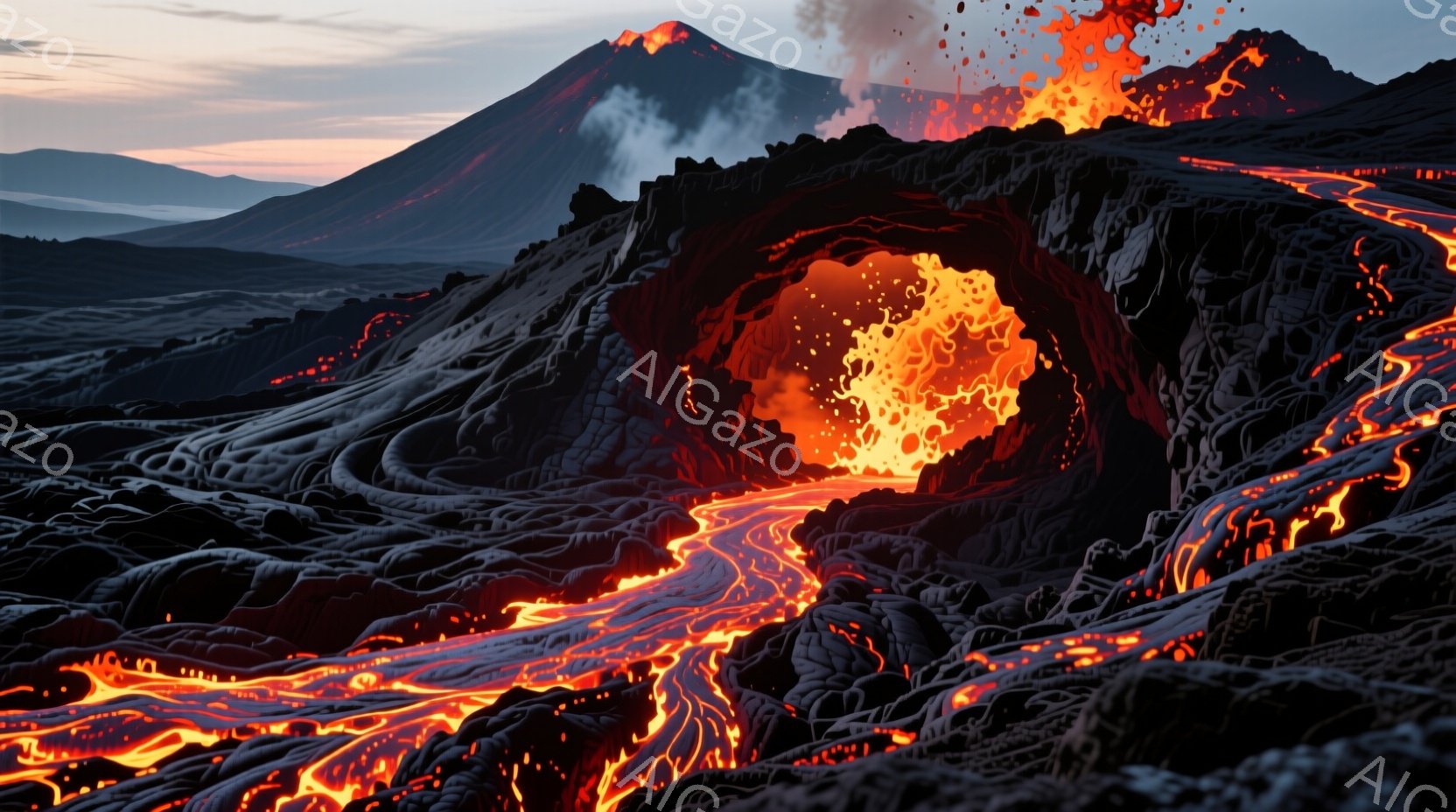 溶岩が大地を覆い、まるで血管のように蛇行している様子が捉えられている。背景には、噴煙を上げながら燃え盛る火山が連なり、空は夕焼けのようなオレンジ色に染まっている。全体として、地球の内部からのエネルギーが解放され、自然の脅威と美しさが共存する、激しい情景が表現されている。